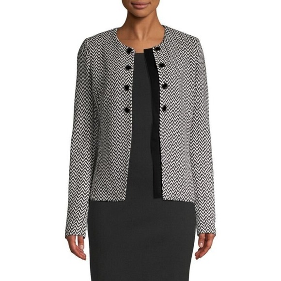 St John Jacket Women 12 Black White Herringbone Knit Long Sleeve Office Dog Show - Picture 3 of 16